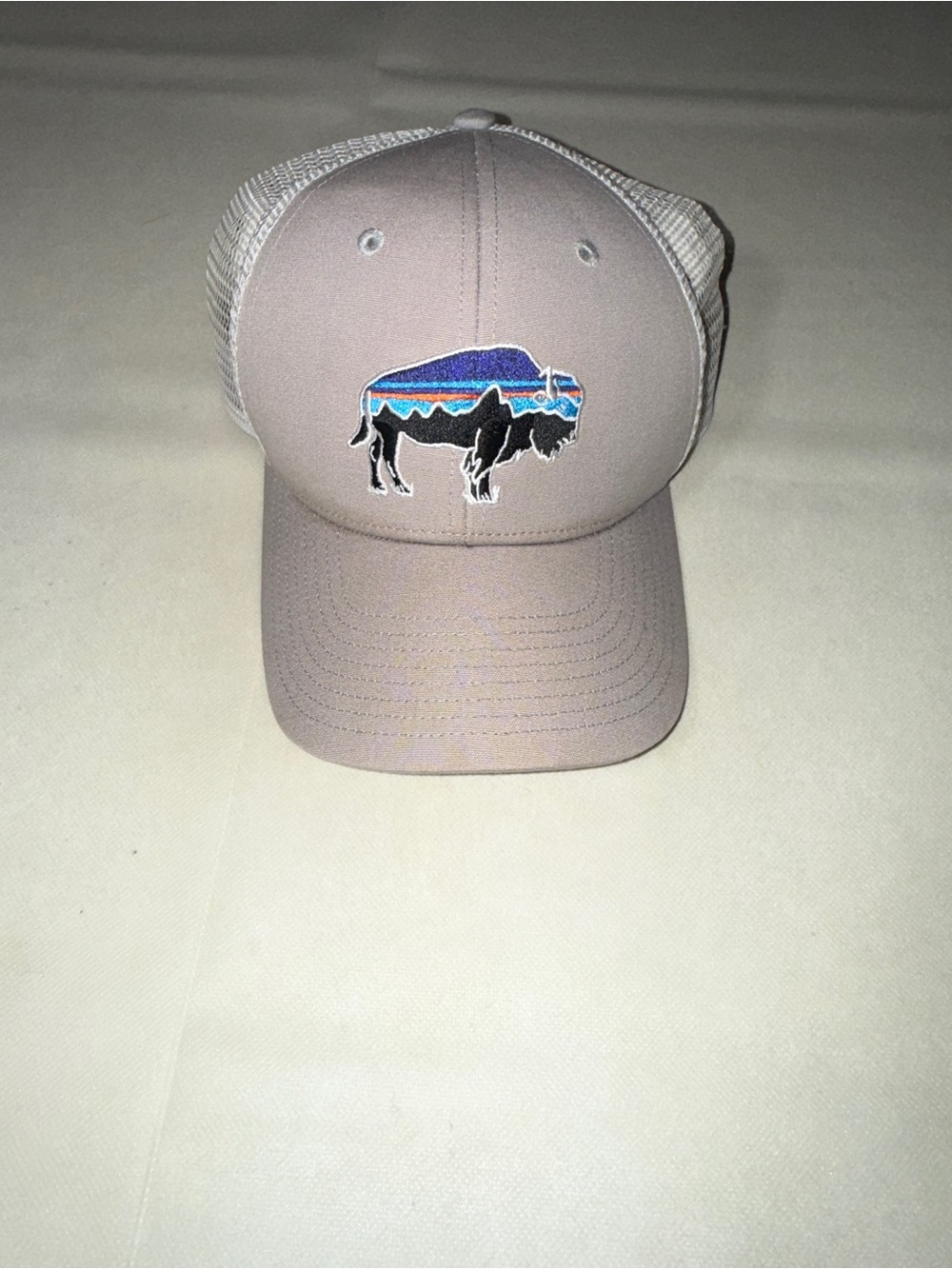 Patagonia Beige Trucker Hat with Blue Multi-Stripe Buffalo Patch